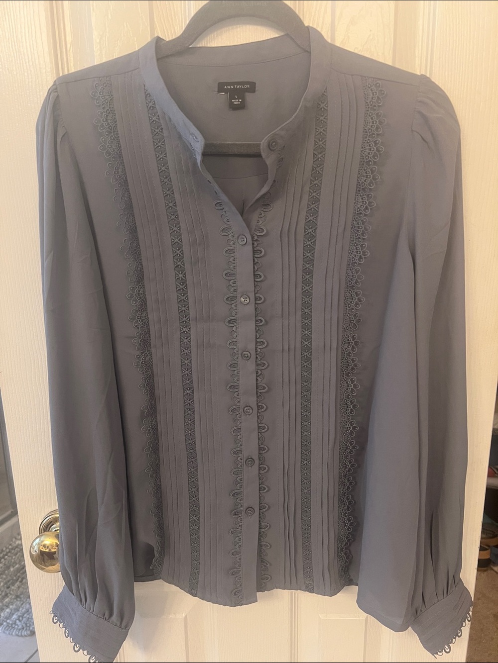 LOFT Slate gray Pintuck Lace-Trim Button-Front Shirt